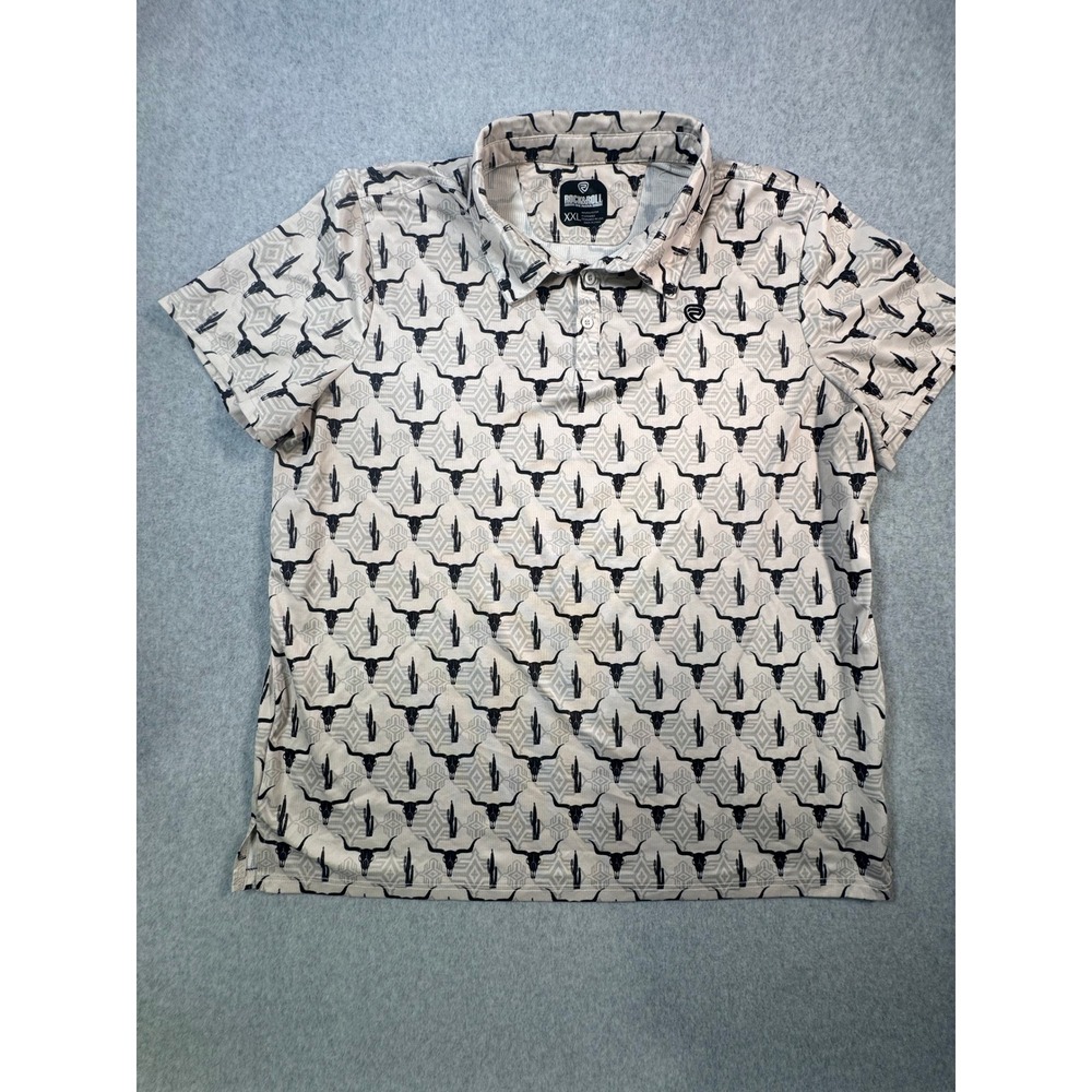 Rock and Roll Denim Mens XXL Polo Shirt Tan Black Longhorn Skull Cactus Print